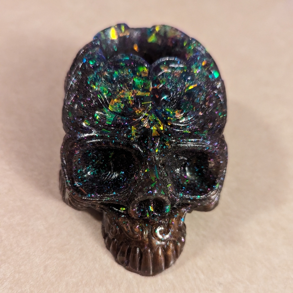 Teal glitter dark ombre ocean skull resin decor